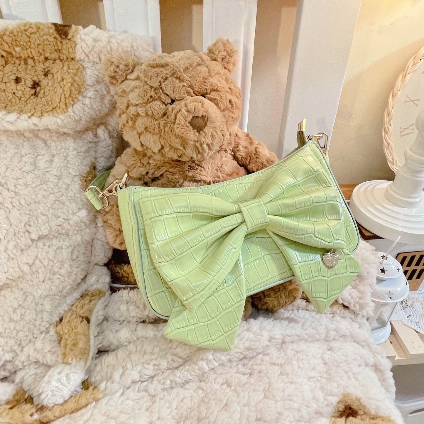 Heart Charm Bow Bag [short & Pearl Long Strap Included]