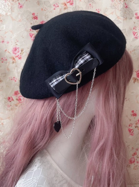 Heart Ring Chain Strap Beret With Bow