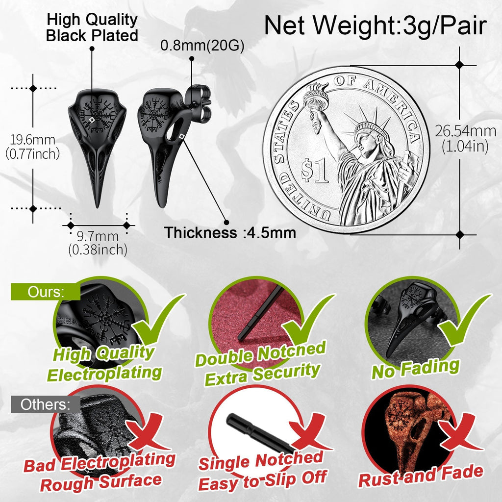 Viking Raven Skull Stud Earrings With Viking Vegvisir for