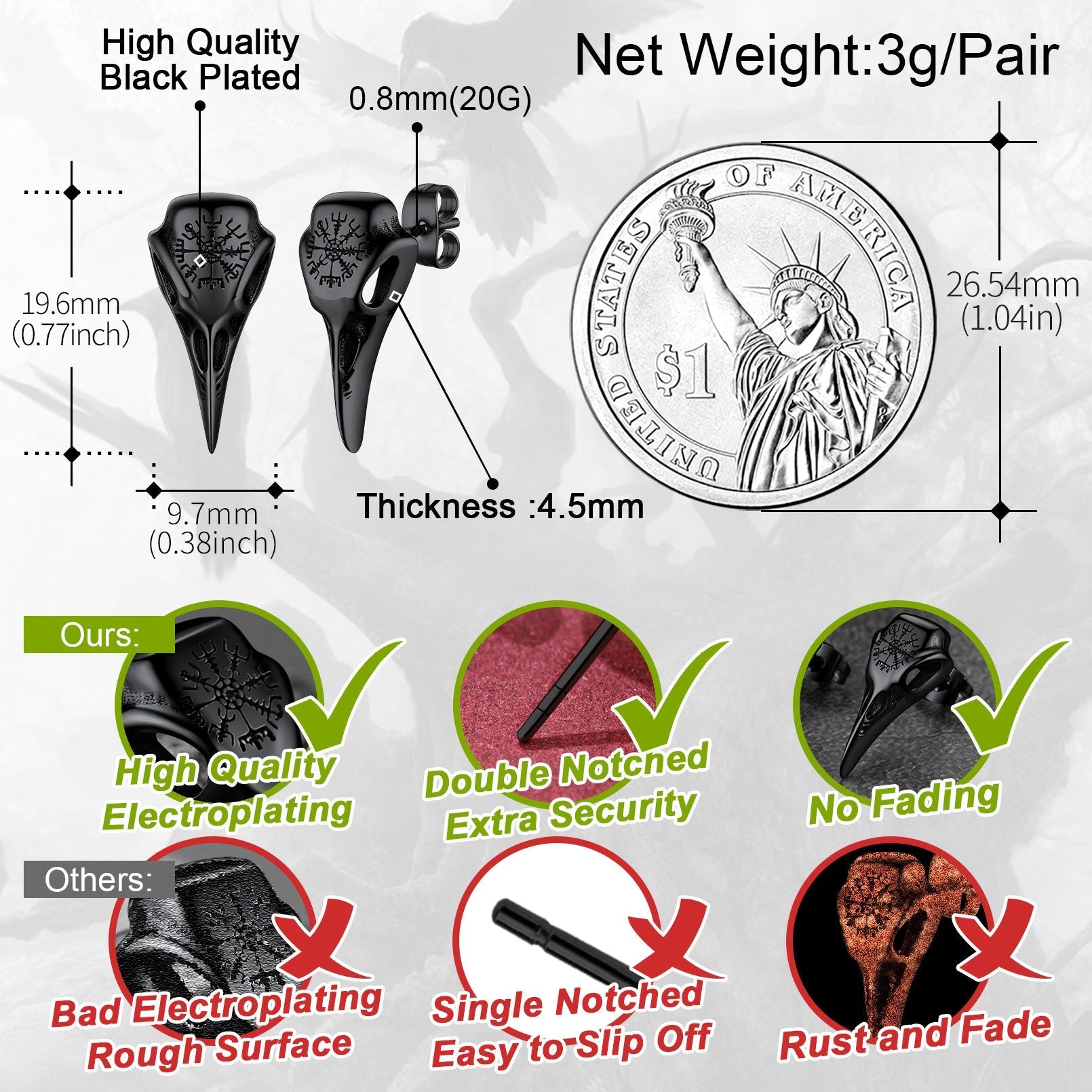 Viking Raven Skull Stud Earrings With Viking Vegvisir for