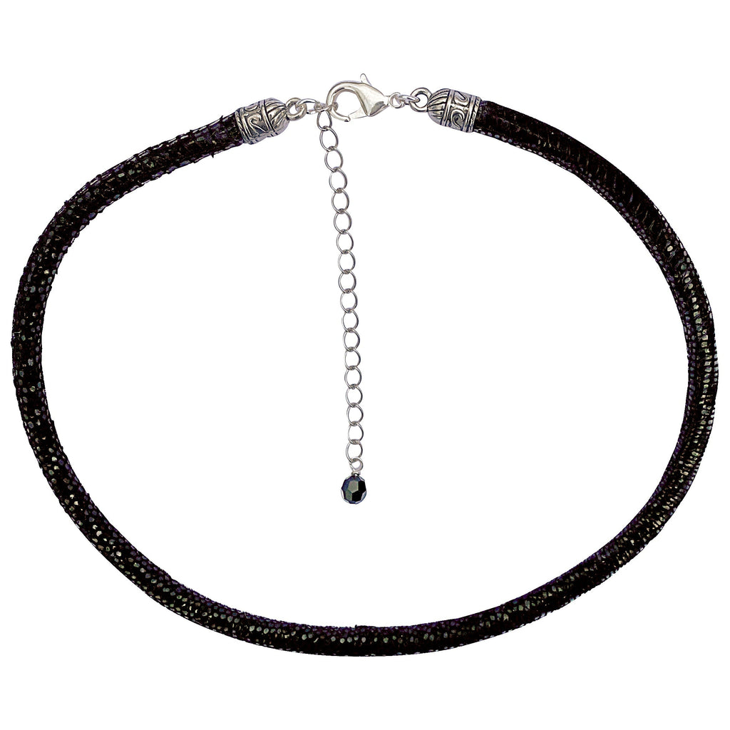 Black Leather Sparkly Snakeskin Choker Necklace With Silver Extender Chain & Swarovski Crystal