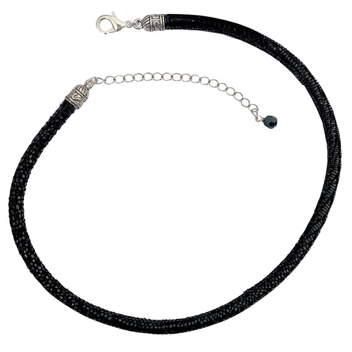 Black Leather Sparkly Snakeskin Choker Necklace With Silver Extender Chain & Swarovski Crystal