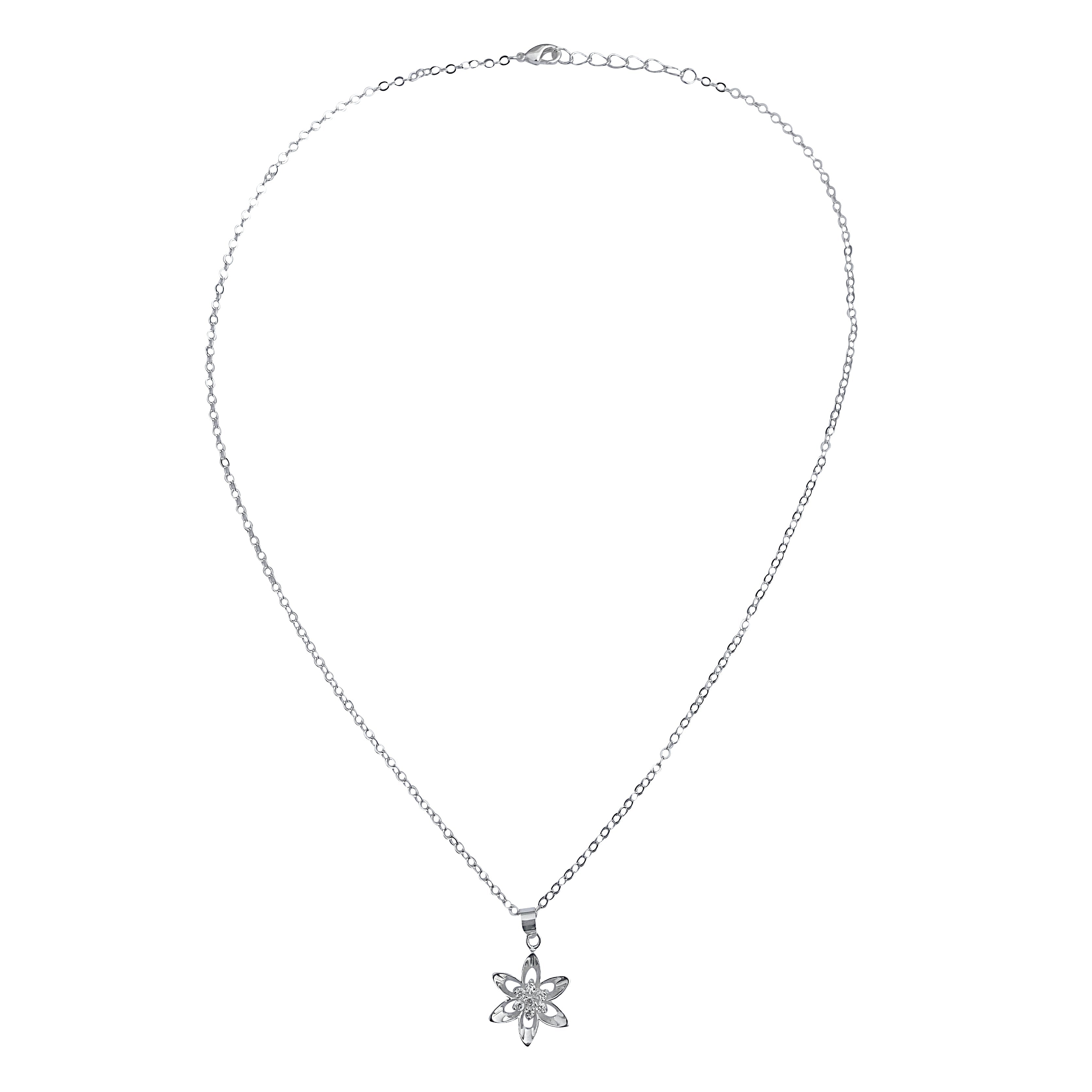 Sterling Silver Mini Cubic Zirconia Flower Pendant on Silver Cable Chain Necklace, 18" With Extender