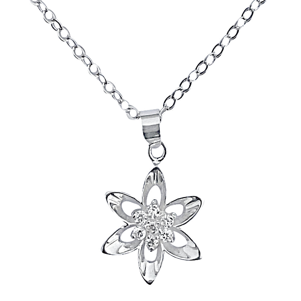 Sterling Silver Mini Cubic Zirconia Flower Pendant on Silver Cable Chain Necklace, 18" With Extender