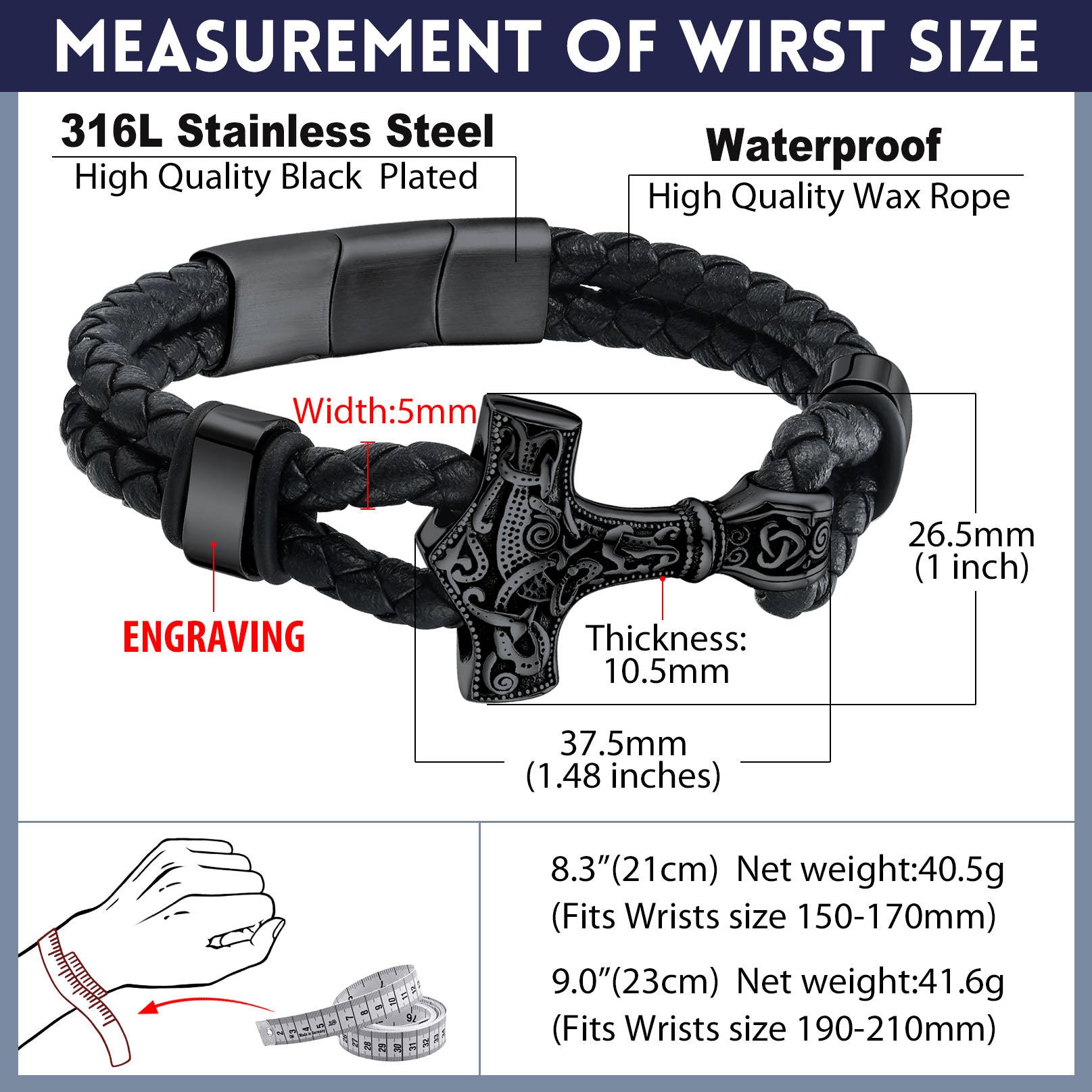 Viking Thor's Hammer Mjolnir Braided Leather Bracelet Gift for