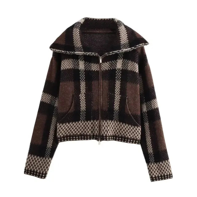 Plaid Knitted Cardigan Brown