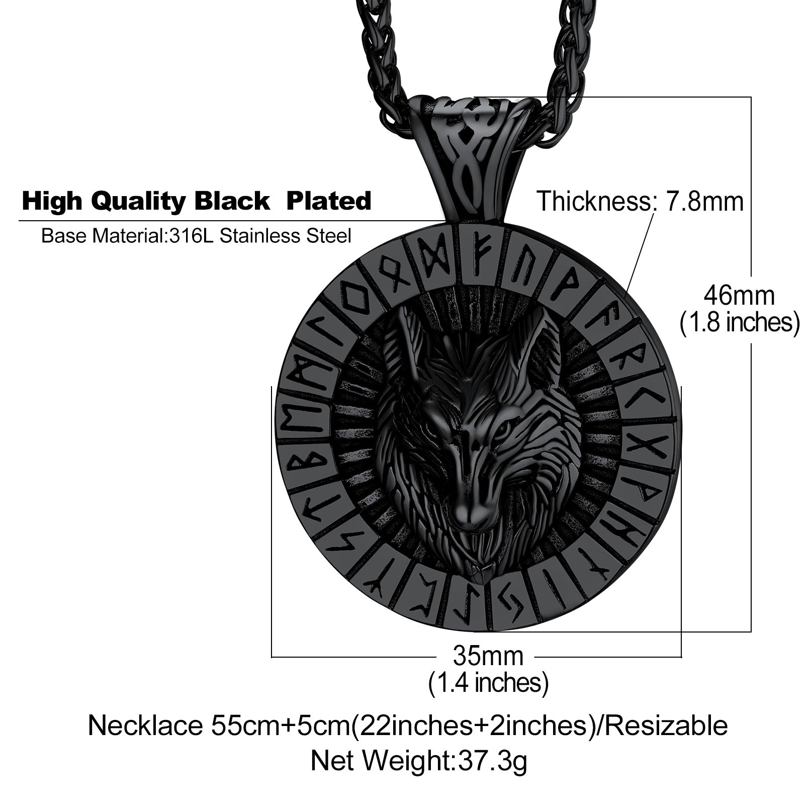 Viking Wolf Medal Necklace With Runes Jewelry for