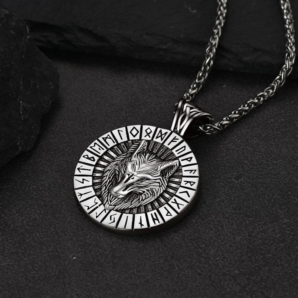 Viking Wolf Medal Necklace With Runes Jewelry for