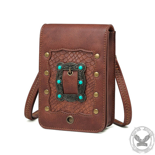 Brown Turquoise Inlaid Leather Bag