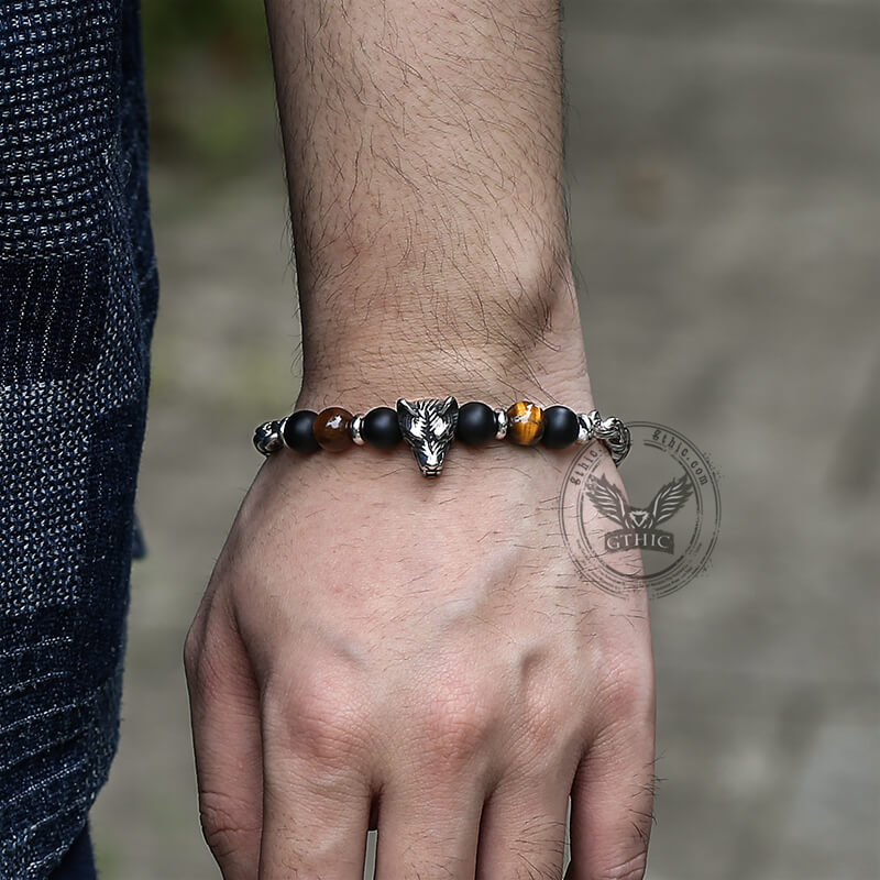 Wolf Head Tiger’s Eye Stainless Steel Bracelet