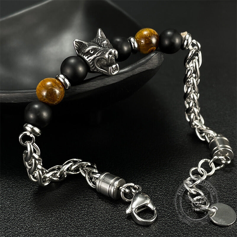 Wolf Head Tiger’s Eye Stainless Steel Bracelet