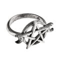 Wiccan Pentagram and Crescent Moon Pewter Ring
