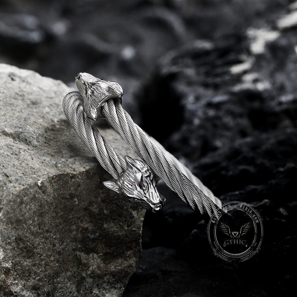 Wolf Head Stainless Steel Open Bracelet